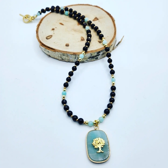 Black Agate ,Amazonite Tree of Life necklace 6 mm - Picture 3 of 6